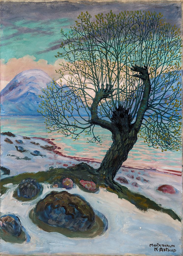 Nikolai Astrup, Marsmorgon, ca 1920. Olja på duk, 65 × 46,5 cm. KODE Kunstmuseer og komponisthjem, Bergen och Sparebankstiftelsen DNB, Oslo. 
