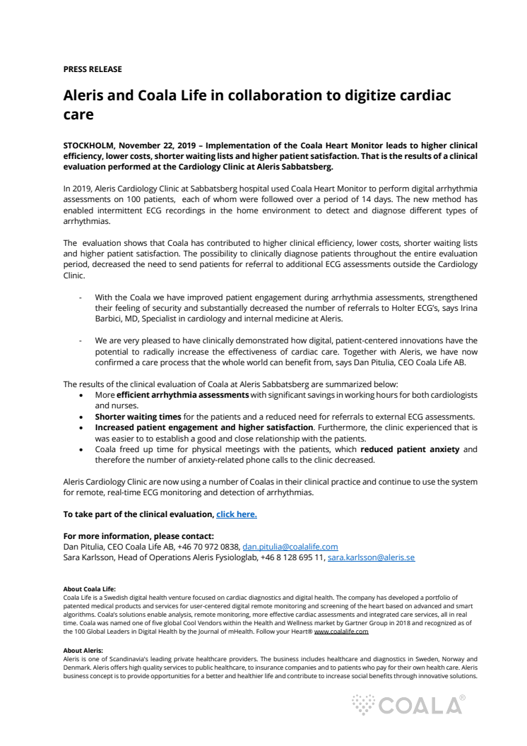 Aleris and Coala Life in collaboration to digitize cardiac care