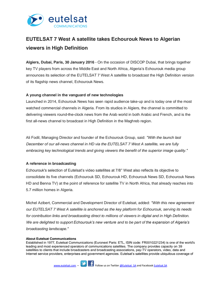 EUTELSAT 7 West A satellite takes Echourouk News to Algerian viewers in High Definition