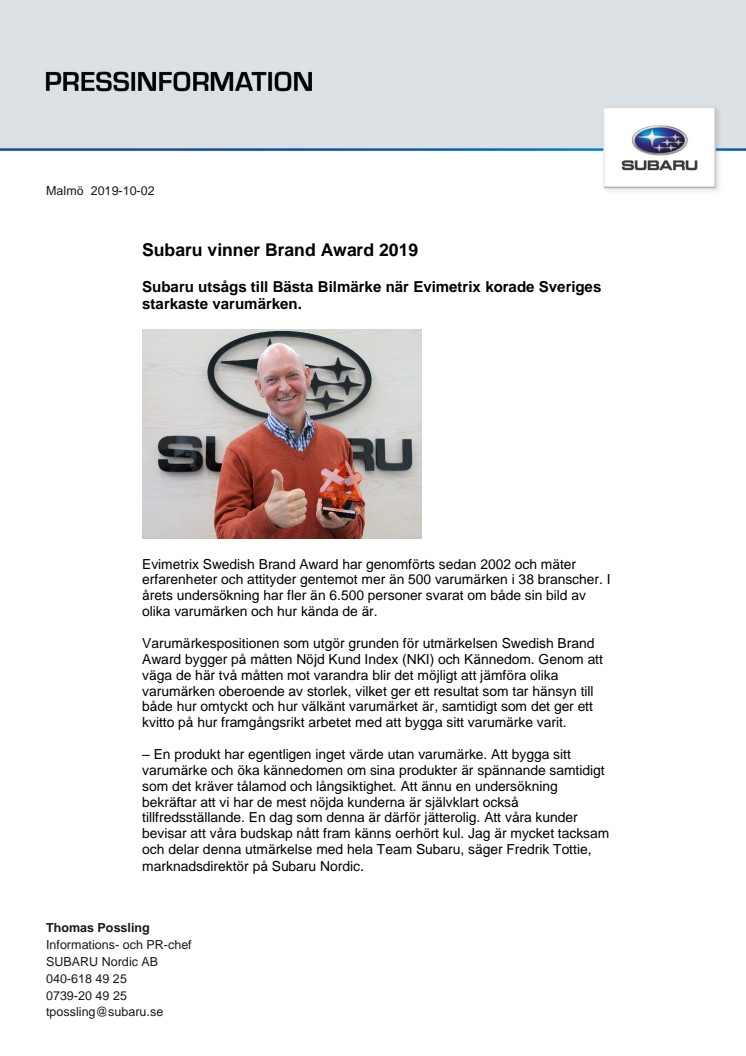 Subaru vinner Brand Award 2019