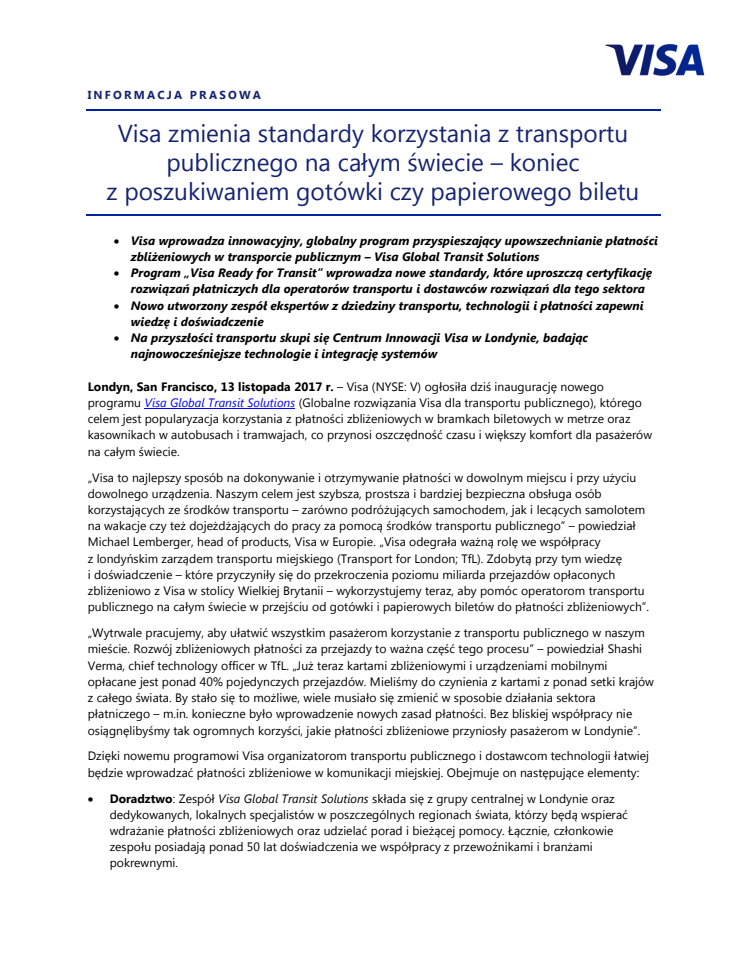 Visa zmienia standardy korzystania z transportu publicznego na całym świecie – koniec z poszukiwaniem gotówki czy papierowego biletu