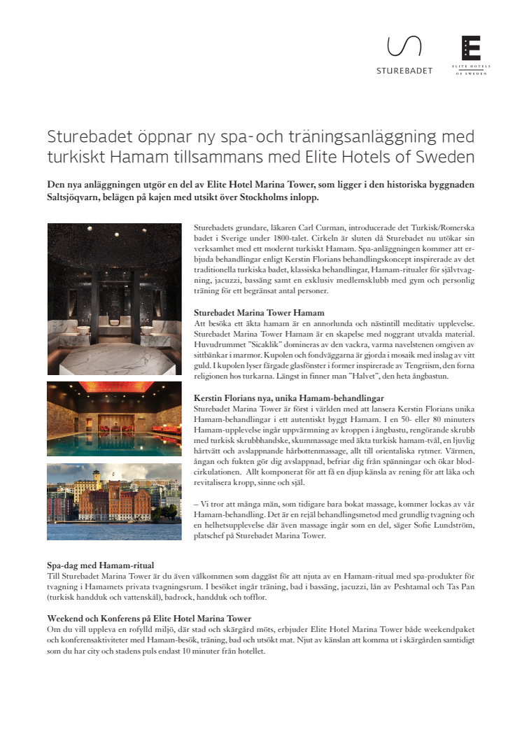 Sturebadet öppnar ny spa- och träningsanläggning med turkiskt Hamam tillsammans med Elite Hotels of Sweden