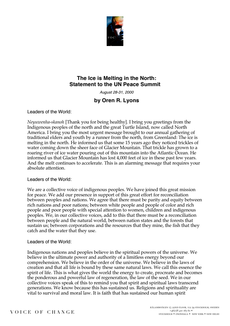 The Ice is Melting in the North: Statement to the UN Peace Summit, August 28-31, 2000, by Oren R. Lyons