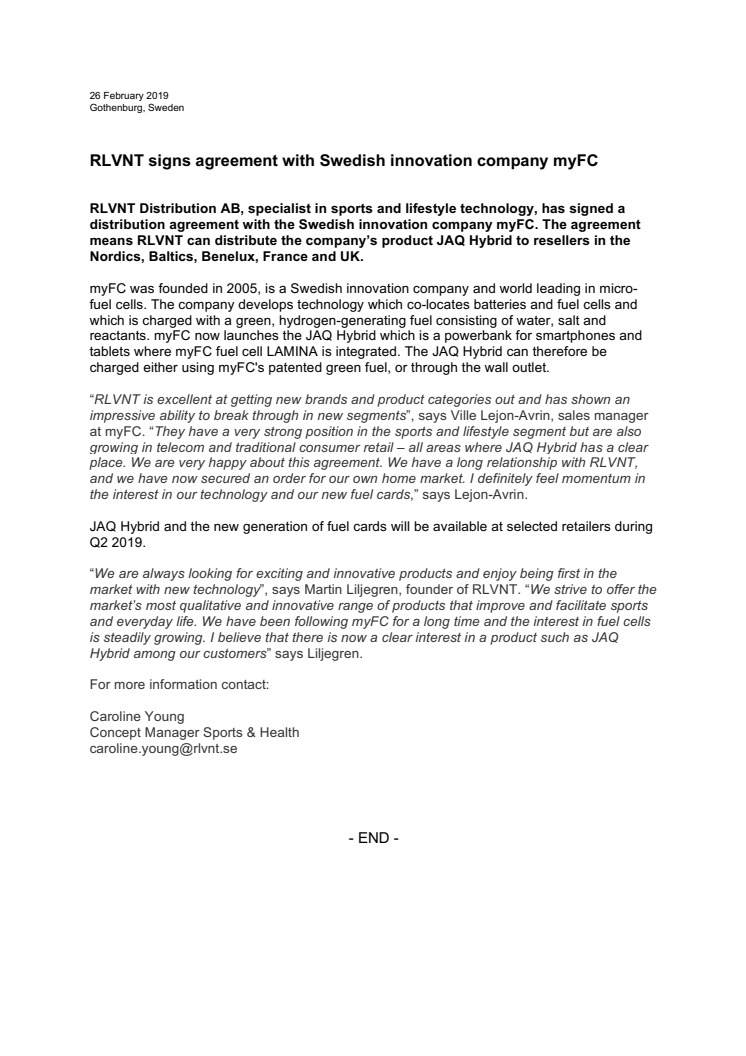RLVNT tecknar avtal med svenska innovationsföretaget myFC
