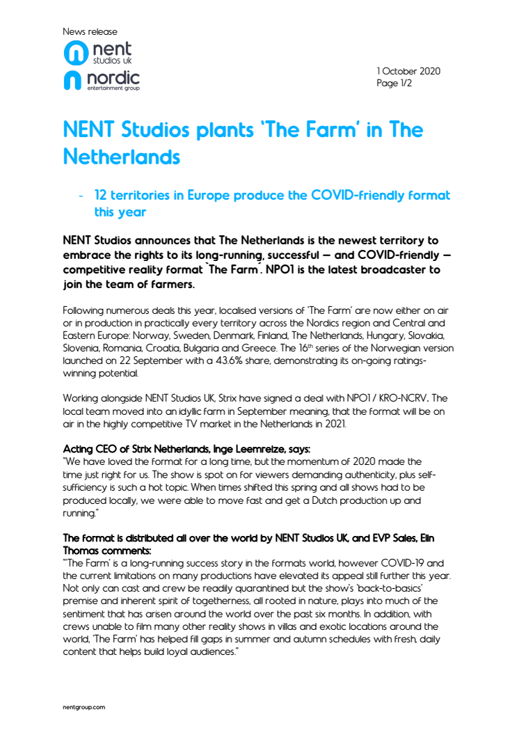 NENT Studios plants The farm in The Netherlands