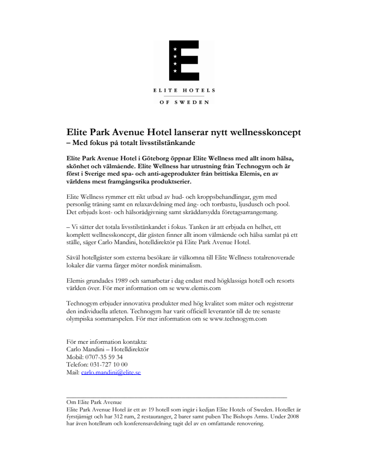 Elite Park Avenue Hotel lanserar nytt wellnesskoncept 