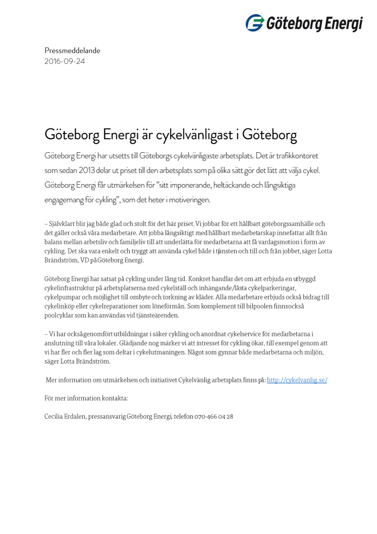 Göteborg Energi är cykelvänligast i Göteborg
