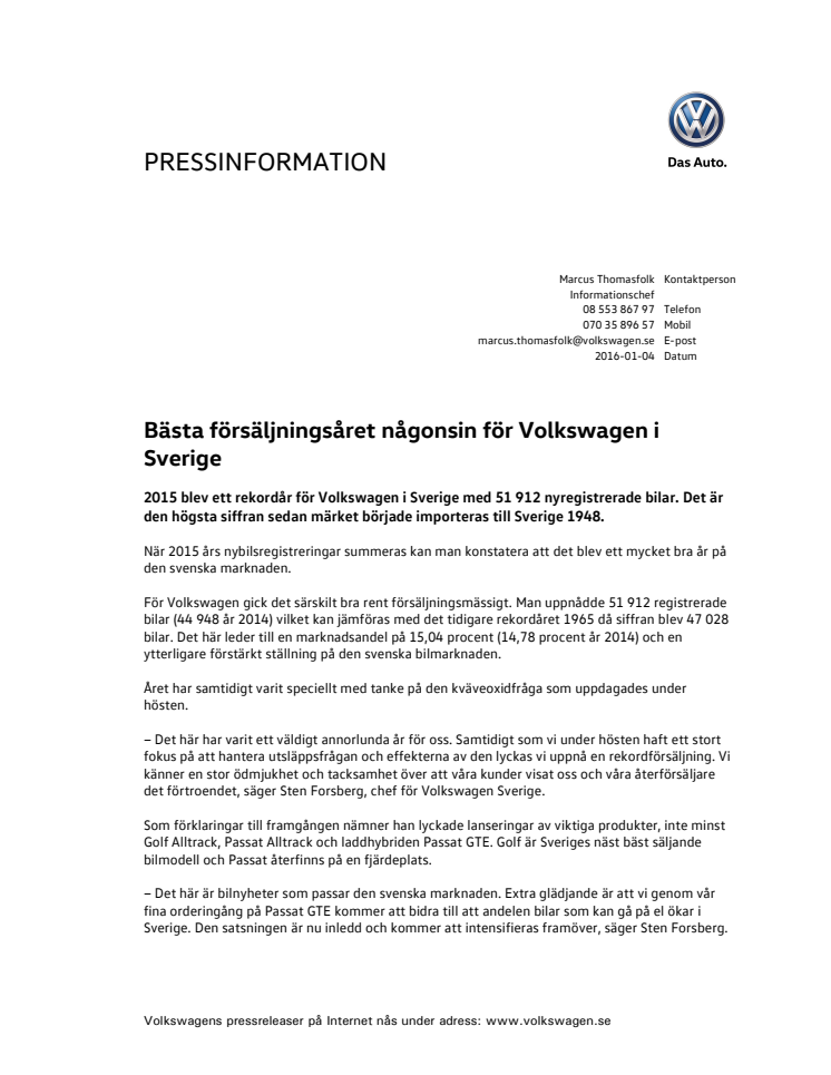Bästa försäljningsåret någonsin för Volkswagen i Sverige
