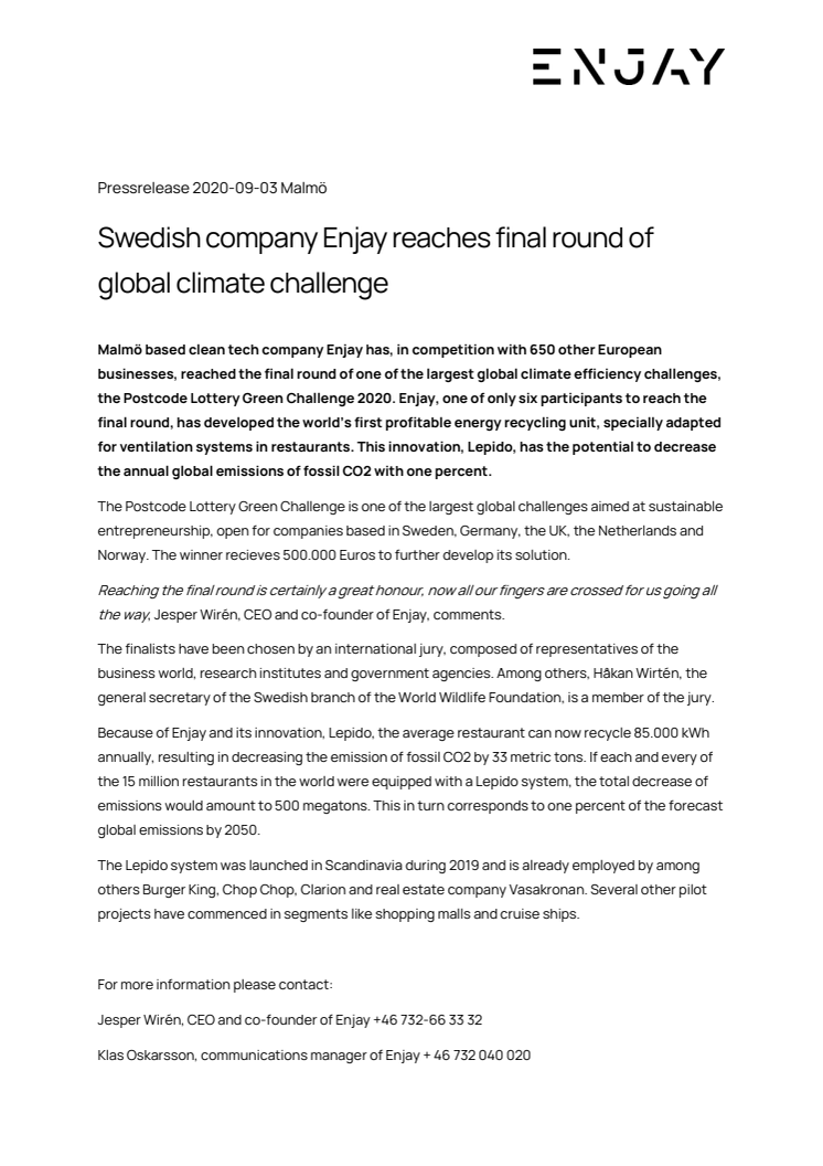 Swedish company Enjay reaches final round of global climate challenge