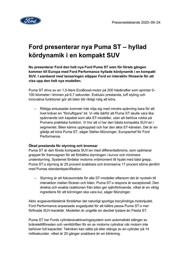 Ford presenterar nya Puma ST – hyllad kördynamik i en kompakt SUV 