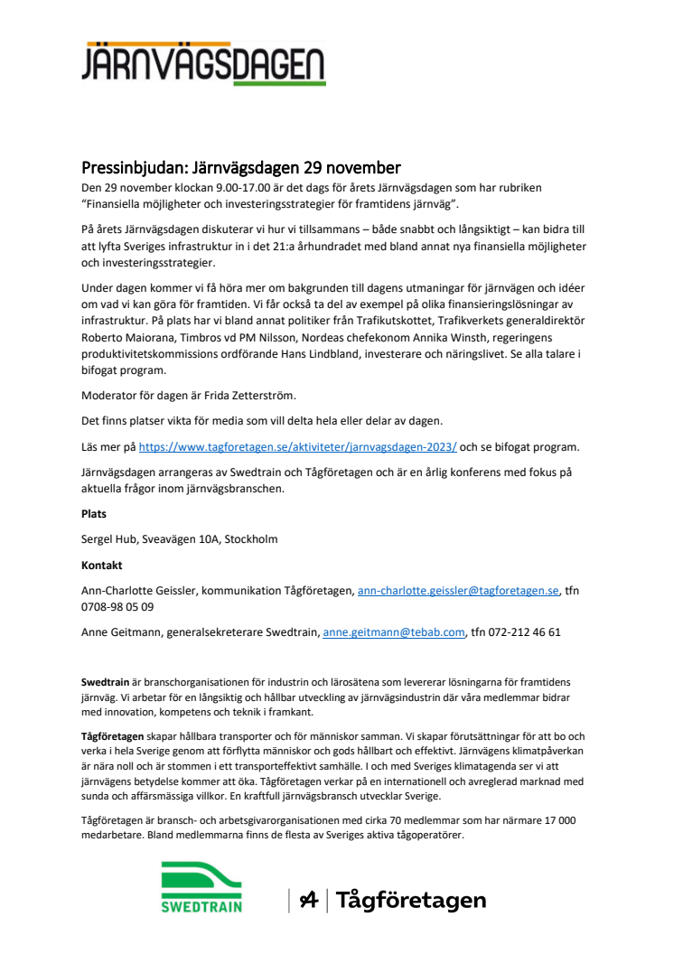 Pressinbjudan Järnvägsdagen 29 november inkl detaljerat program