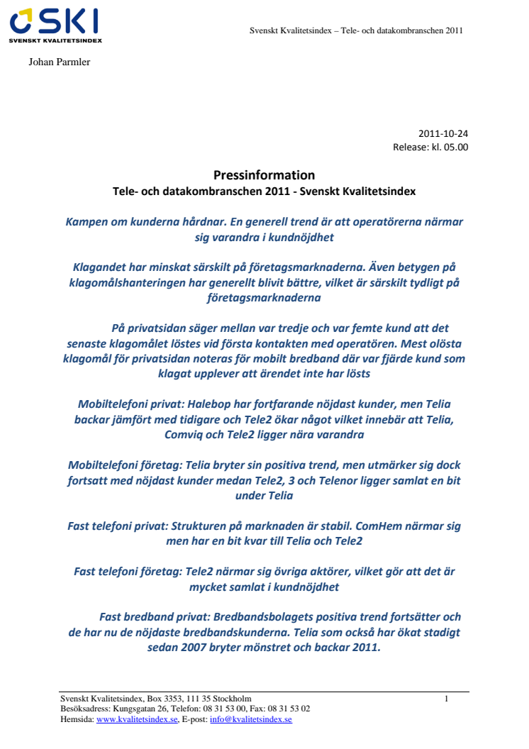 Tele- och datakombranschen 2011 - Svenskt Kvalitetsindex