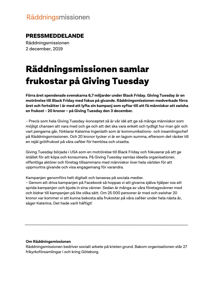 Räddningsmissionen samlar frukostar på Giving Tuesday