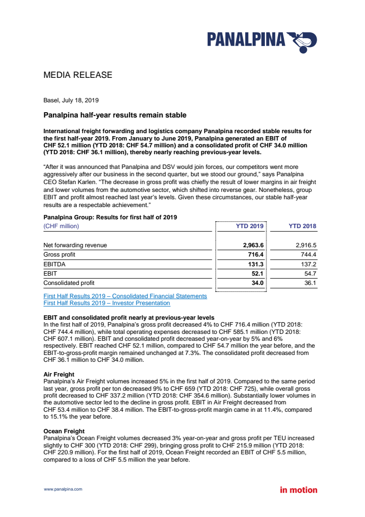 Panalpina half-year results remain stable