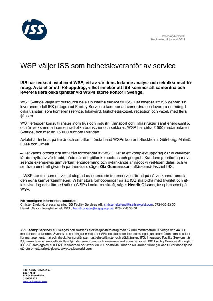 WSP väljer ISS som helhetsleverantör av service