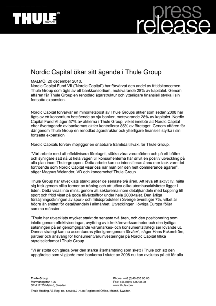 Nordic Capital ökar sitt ägande i Thule Group