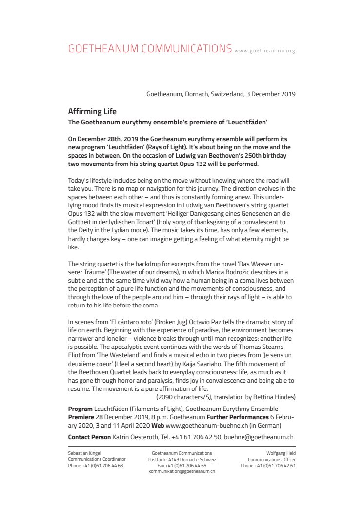 Affirming Life. ​The Goetheanum eurythmy ensemble‘s premiere of ‘Leuchtfäden’