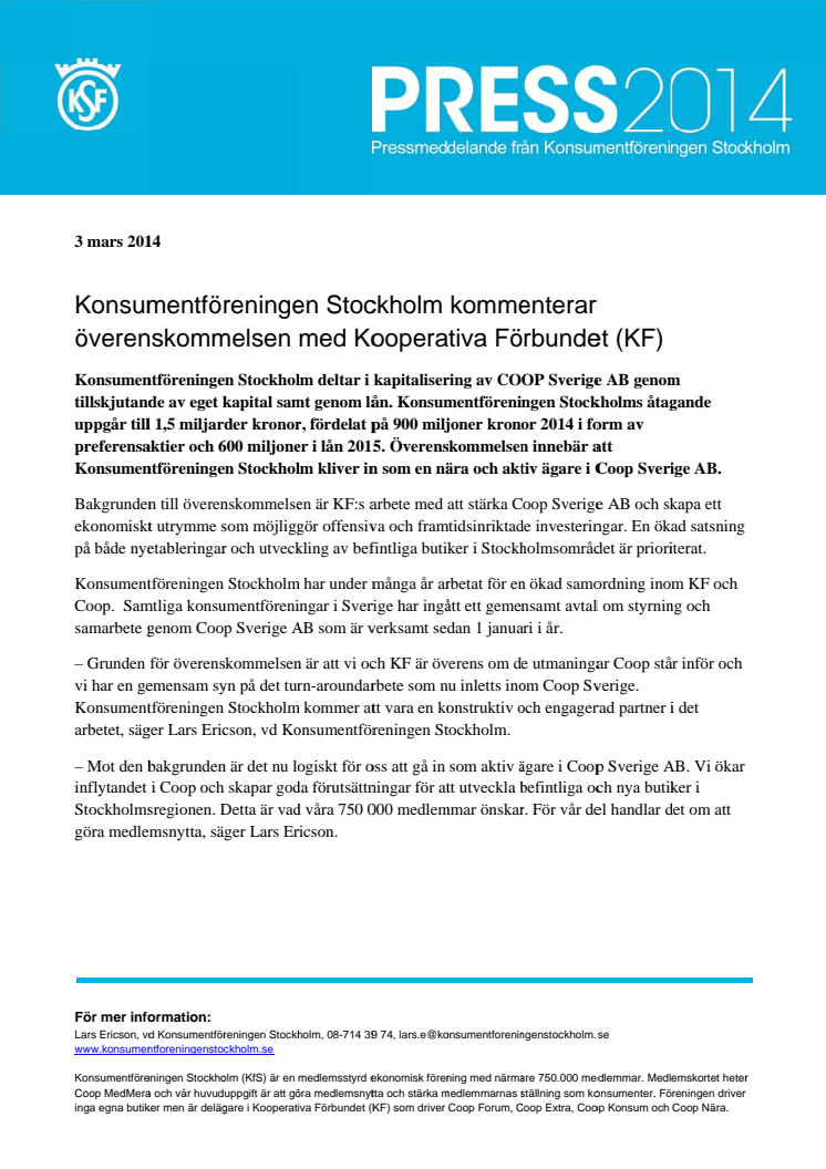 Konsumentföreningen Stockholm kommenterar överenskommelsen med Kooperativa Förbundet (KF)