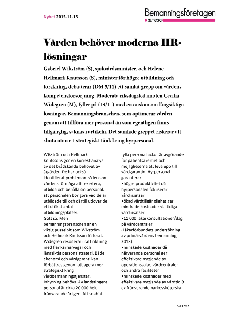 Debatt: Vården behöver moderna HR-lösningar