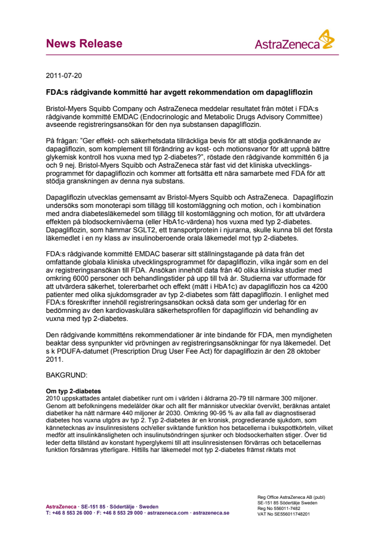 FDA:s rådgivande kommitté har avgett rekommendation om dapagliflozin