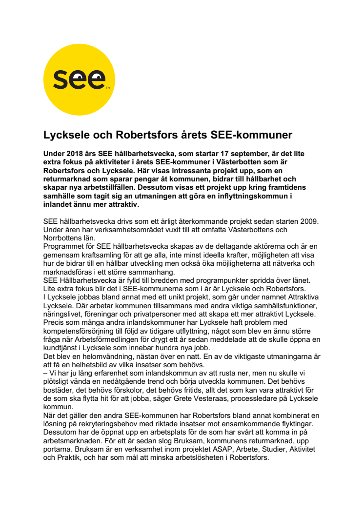 Lycksele och Robertsfors årets SEE-kommuner