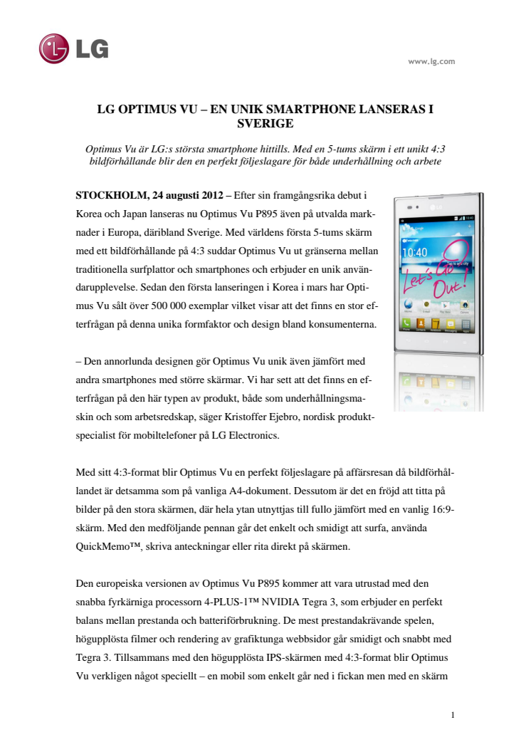 LG OPTIMUS VU – EN UNIK SMARTPHONE LANSERAS I SVERIGE 