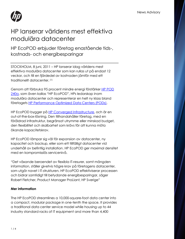 HP lanserar världens mest effektiva modulära datacenter 