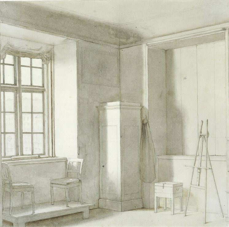 Hjørne af Eckersbergs atelier på Charlottenborg. Ca. 1848. Usigneret. Pen og tuschlavering på papir. Bladstørrelse 25 x 26. Hammerslag 620.000 kr.