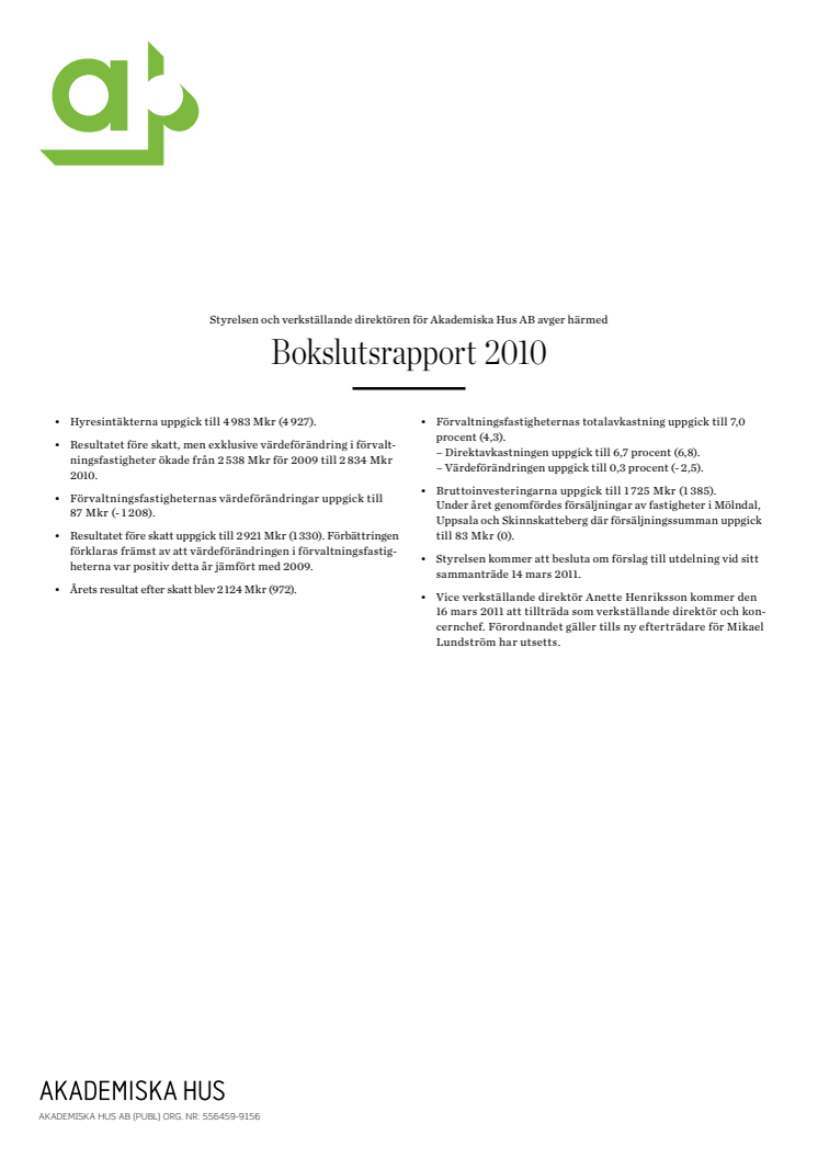 Akademiska Hus bokslutsrapport 2010