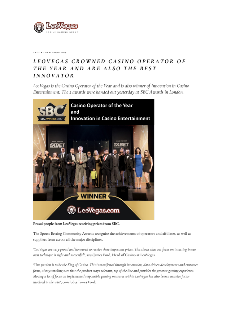 LeoVegas crowned Casino Operator of the Year and are also the Best Innovator