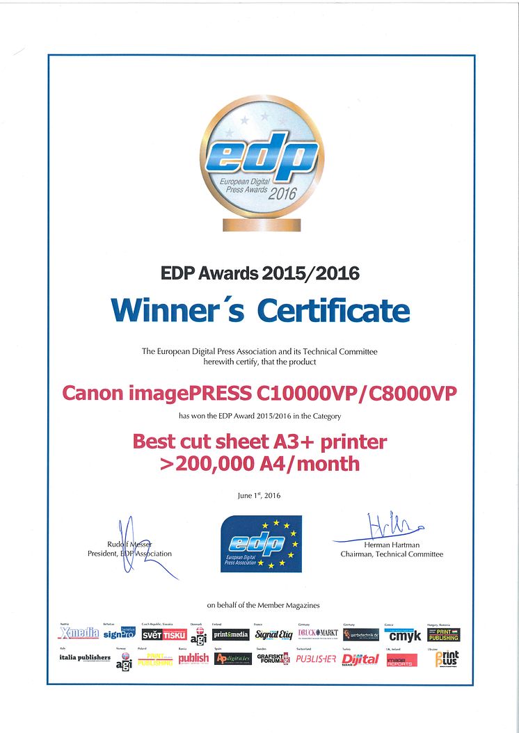 Det synlige beviset på at canon imagePRESS C10000VP vant en edp pris under Drupa 2016