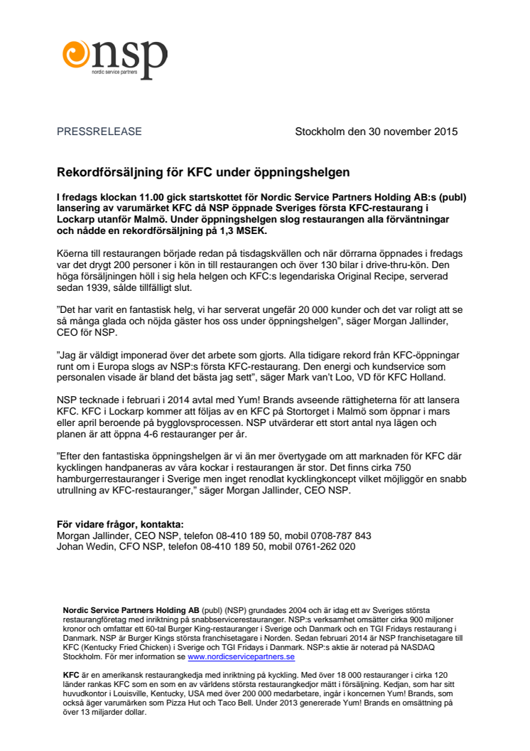 Rekordförsäljning för KFC under öppningshelgen