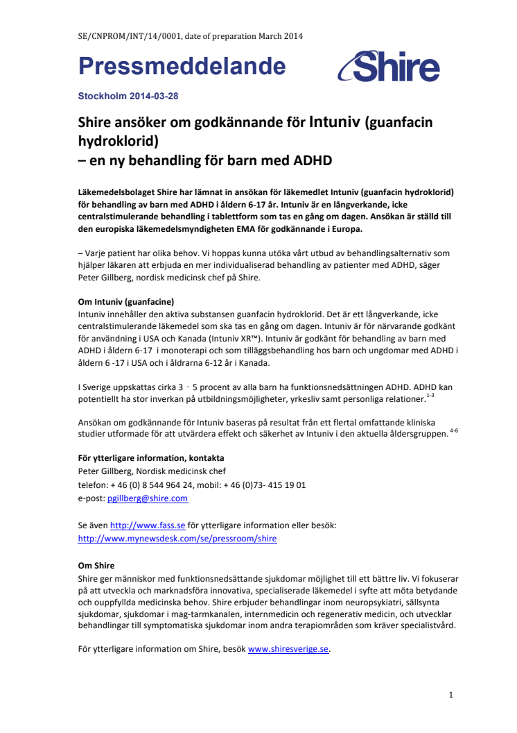 Shire ansöker om godkännande för Intuniv (guanfacin hydroklorid)  – en ny behandling för barn med ADHD 