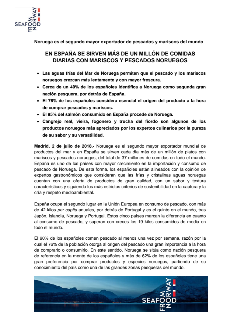 En España se sirven más de un millón de comidas diarias con mariscos y pescados noruegos