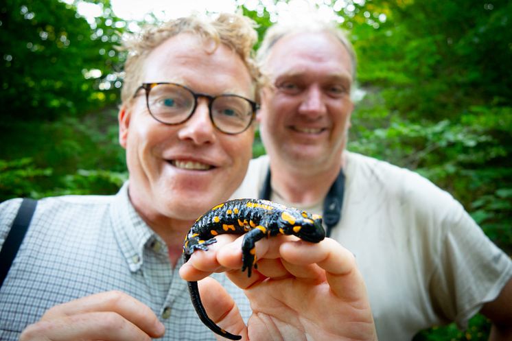 Sebastian Klein og Morten D.D. Hansen med en ildsalamanderi Thüringen