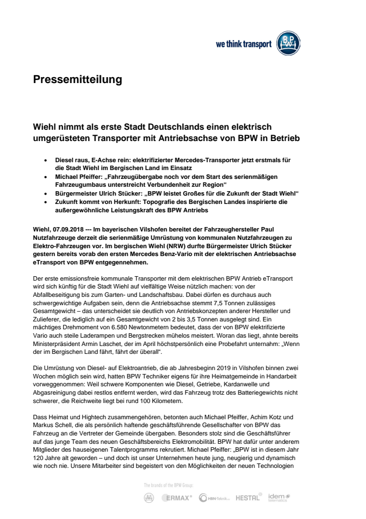 Wiehl nimmt als erste Stadt Deutschlands einen elektrisch umgerüsteten Transporter mit Antriebsachse von BPW in Betrieb