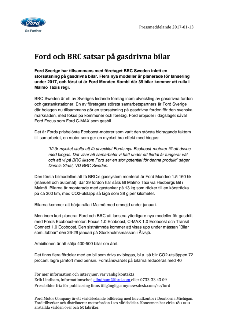 Ford och BRC satsar på gasdrivna bilar