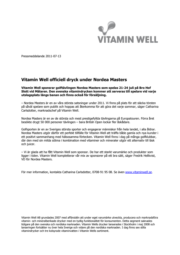 Vitamin Well officiell dryck under Nordea Masters