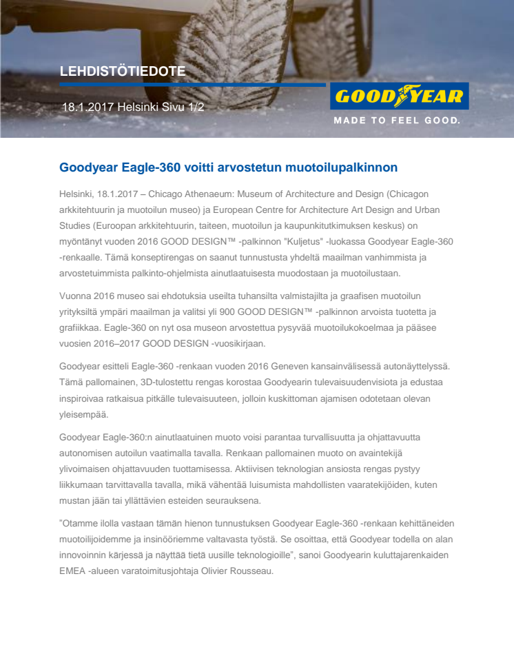 Goodyear Eagle-360 voitti arvostetun muotoilupalkinnon