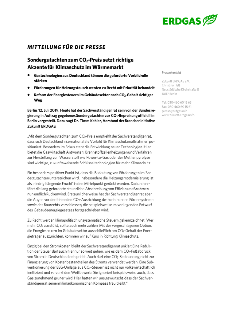 Sondergutachten zum CO2-Preis setzt richtige Akzente für Klimaschutz im Wärmemarkt