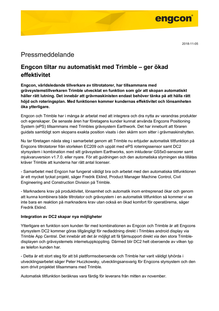 Engcon tiltar nu automatiskt med Trimble – ger ökad effektivitet