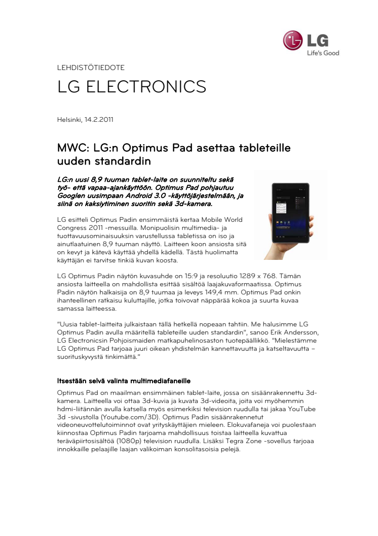 MWC: LG:n Optimus Pad asettaa tableteille uuden standardin 