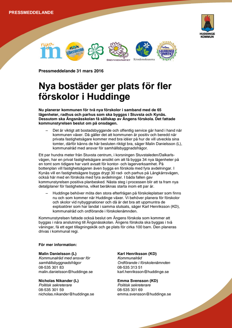 Nya bostäder ger plats för fler förskolor i Huddinge