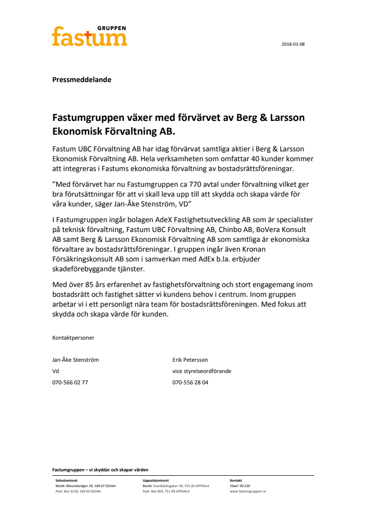 Fastumgruppen växer med förvärvet av Berg & Larsson Ekonomisk Förvaltning AB