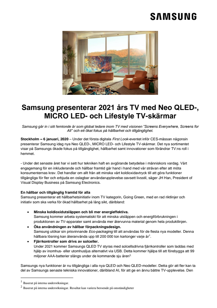 Samsung presenterar 2021 års TV med Neo QLED-, MICRO LED- och Lifestyle TV-skärmar