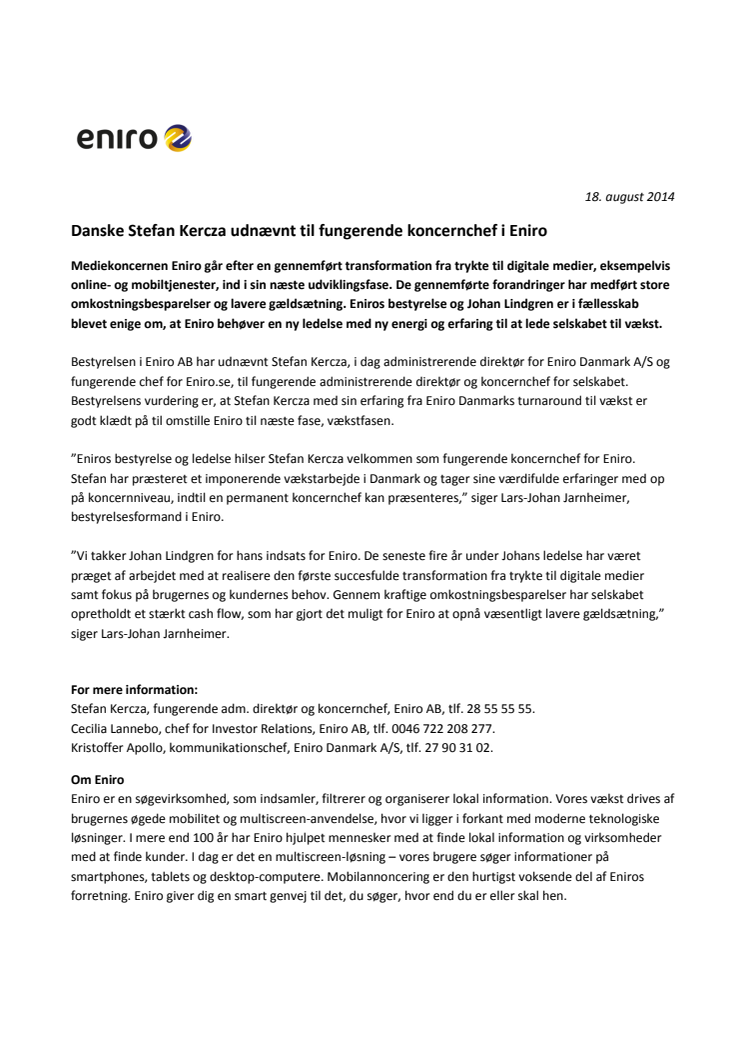 Danske Stefan Kercza udnævnt til fungerende koncernchef i Eniro