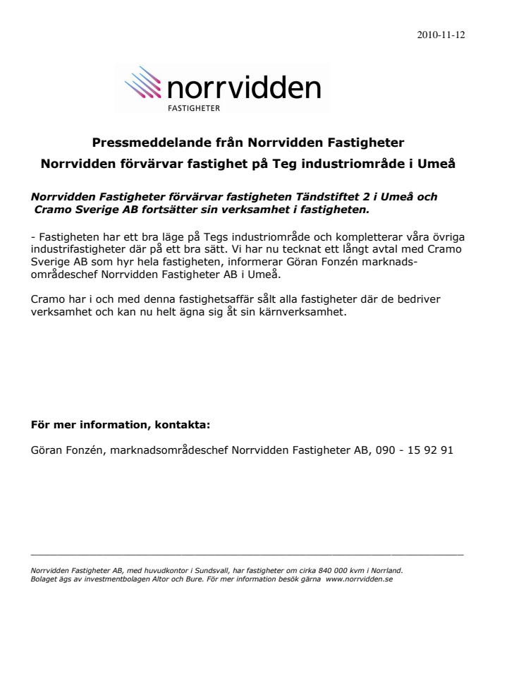 Norrvidden förvärvar fastighet på Teg industriområde i Umeå