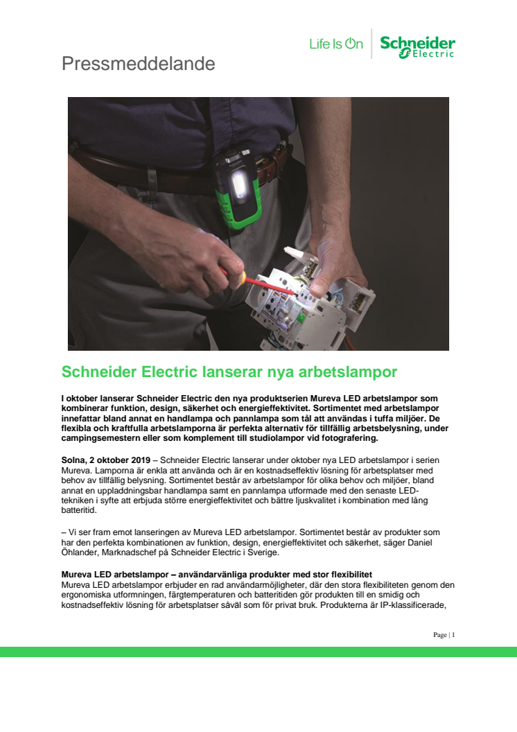 Schneider Electric lanserar nya arbetslampor