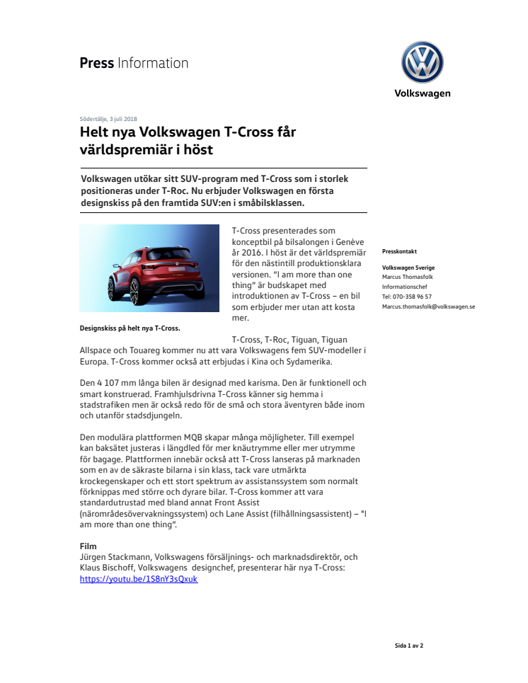 Helt nya Volkswagen T-Cross får världspremiär i höst