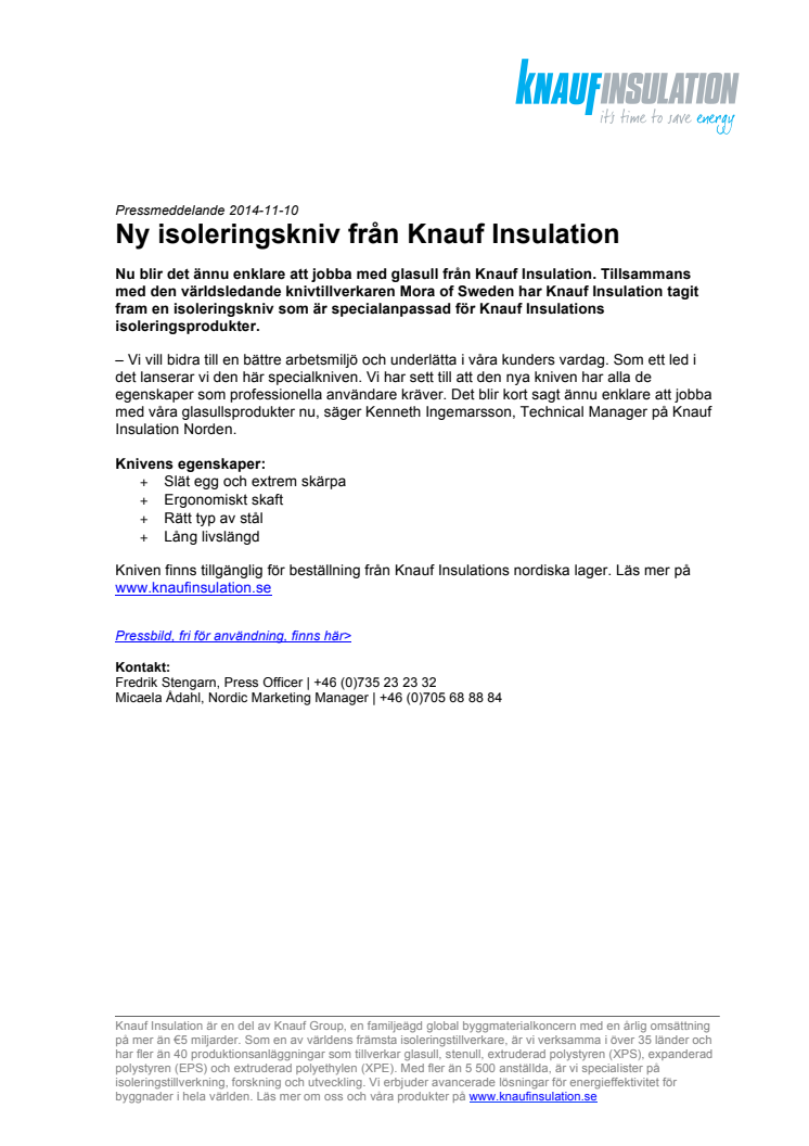 Ny isoleringskniv från Knauf Insulation